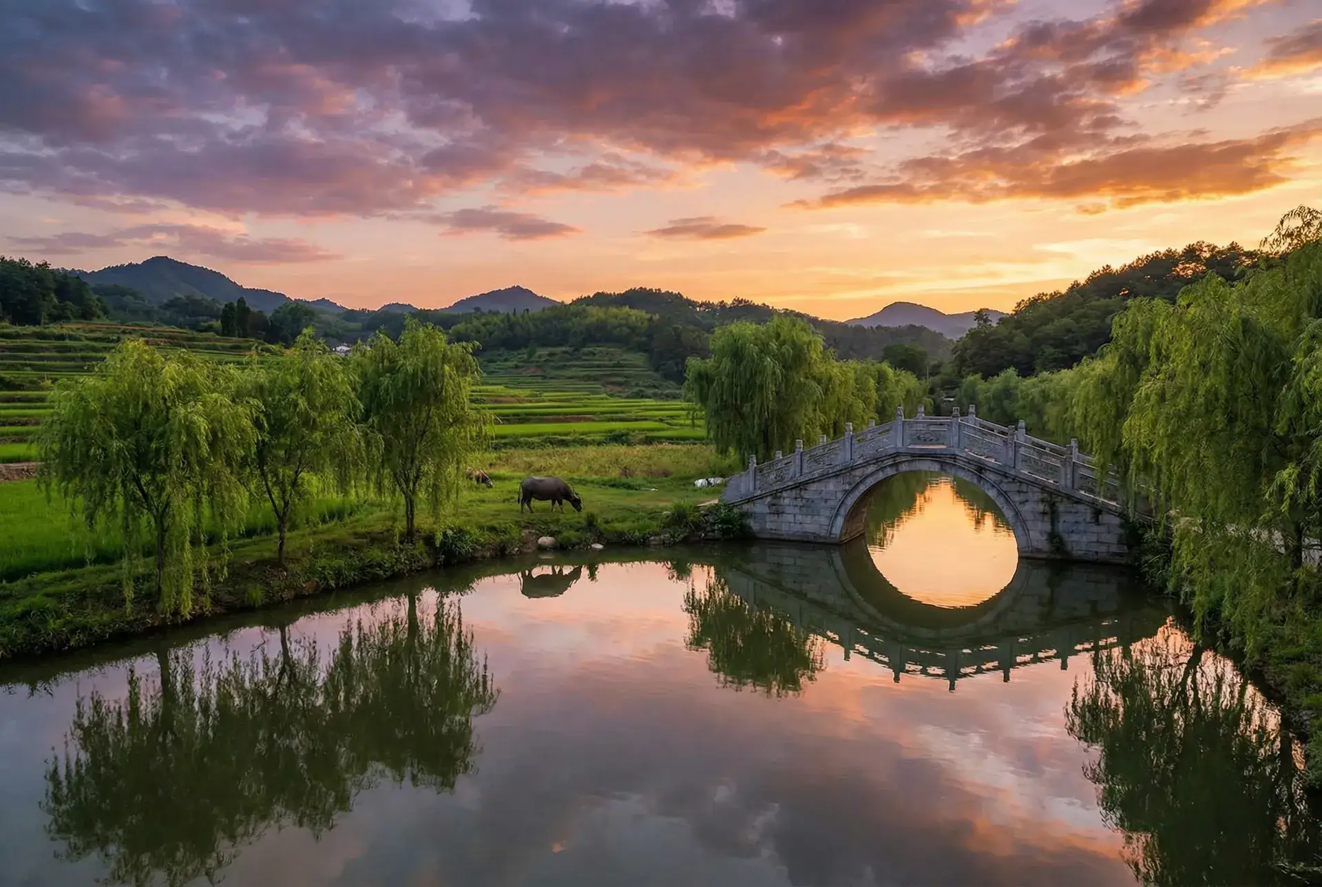 夕阳下的石拱桥与垂柳，水牛在河边吃草 - 成都影视免费观看高清视频 乡村美景